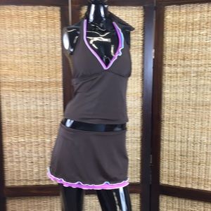 Faded Glory Brown Pink Tankini Swim Suit Top Small Skirt Medium